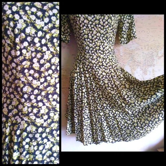 90s Style Grunge Daisy Print Hi Low Hem Skater Dress with Pockets-Size 6 - Picture 4 of 8